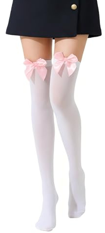 GHKJOK White Velvet Soft Stretch Socks with Pink Bow – Elegant Long Lace Thigh Over Knee Womens Stocking Tights Christmas Dress Costume Wear Ruffled Hearts Opaque Queen Cheerleader Fancy