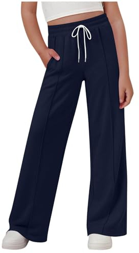 Trousers for Girls Straight Wide Leg Joggers, Casual Themal Drawstring Sweatpants Plain Elastic Waist Joggings Bottoms Baggy Lounge Wear Sports Walking Navy 12-13 Years