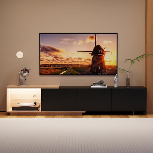 Meuble TV bas extensible de 240 cm avec LED pour téléviseur jusqu'à 65, buffet, meuble TV avec 3 tiroirs et étagères ouvertes, commode pour salon, chambre à coucher, chêne et noir