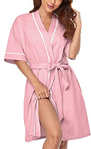 EA'S SECRET Women's 100% Cotton Dressing Gown Summer Short Sleeve Robe Lightweight Knee Length Bathrobe with Pockets