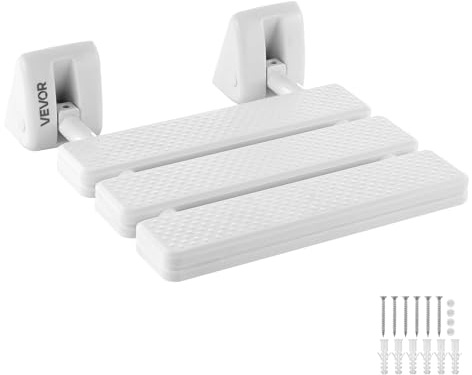 VEVOR Klappbarer Duschsitz zur Wandmontage (32 x 34 cm Sitzfläche), Wandklappstuhl mit Aluminiumrahmen, Duschsitz (100 kg Belastbar) für Erwachsene & Senioren, Geeignet für Badezimmer & Flur, Weiß