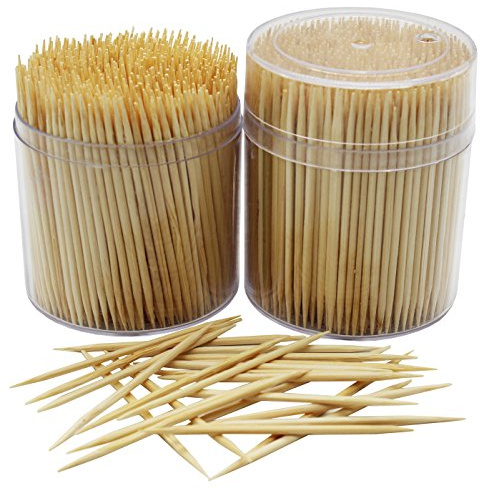 MontoPack Bambu trä tandpetare | 1 000 delar stora runda trätandpetare i genomskinlig plastförvaringslåda | robust säker dubbelsidig fest, förrätt, oliv, grill, frukt, tänder rengöring tandpetare.