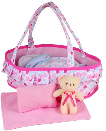 Young Buds Baby Doll Cradle Bassinet Portable Doll Carrier Carry Bag,Doll Accessories Playset,with Soft Pillow Quilt Blanket Bear,for 8-9-10-11-12 Inch Smaller Alive Baby Doll (Flower Pattern)