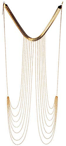 Yomiie Body Chain Layered Gold Tassels Necklace Fashion Jewelry Belly Waist Bra Boho Hot Bikini Beach Harness Anniversary Festival Gift for Women Lady
