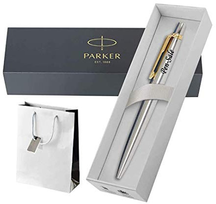 Personalised Engraved Premium Parker Jotter Stainless Steel Gold Trim Ballpoint Pen in a Classy Gift Box, Custom Gifts for Christmas (Steel Gold Trim Blue Ink With Bag, Blue)