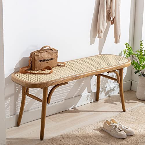 DM Furniture Farmhouse Wood Bench Seat Small Rattan Cane Bench Wicker Bench for End of Bed Living Room Entryway Foyer Indoor, Hand Woven