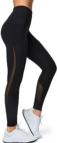 Yvette Leggings Sport Femme avec Poches Maille Respirant Taille Haute Pantalon de Sport Opaque pour Fitness Yoga Danse Noir-361 M