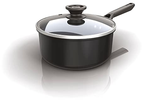 Ninja ZEROSTICK Classic Cookware 18cm Saucepan, Non-Stick, Long Lasting Aluminium Saucepan, Induction Compatible, Oven Safe to 180°C, Glass Lid, Black, CW50218UK