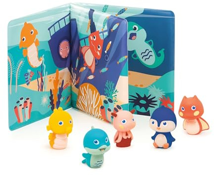 LUDI - Livre d'éveil en Plastique pour Jouer à l'heure du Bain - 5 marionnettes de Doigts : Thème Fond Marin - Facile à Nettoyer - Développe Le langage - Dès 10 Mois