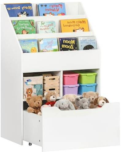 HOMCOM Piccola Libreria per Bambini con Ripiani, Cassetto e Ruote, Scaffale per Giocattoli e Libri in MDF per Cameretta, 60x29.9x90cm, Bianco