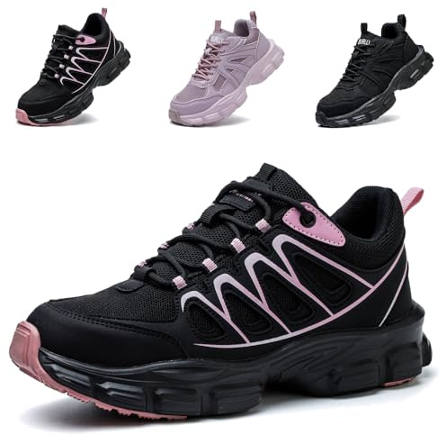 Zapatos de Seguridad para Mujer Ligeras Punta de Acero Zapatillas Cómodos Antideslizante de Trabajo Transpirable Calzado de Seguridad Negro Rosa EU 40
