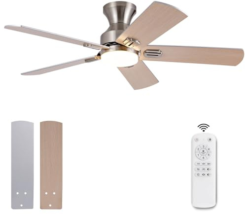 KENSID 42 Inch Brushed Nickel Ceiling fans with lights and Remote,Indoor & Outdoor Low Profile Flush Mount Modern Ceiling Fan with Light for Bedroom,5 Blades,Dimmable LED Light,6 Speed Quiet DC Motor