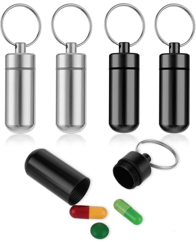 Sibba Pillendose Schlüsselanhänger Kleine Pillenbox Outdoor Tablettendose Tragbare Metall Mini Kapsel Tablettenbox Wasserdichte Luftdichte Pillenhalter (4 Stück (2 Schwarz 2 Silber))