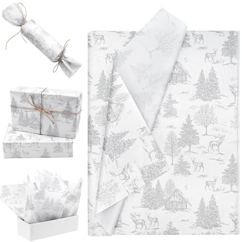 30pcs 50 * 35cm Silver House Tree and Elk White Tissue Paper,50 * 35cm Wrapping Paper Bulk for Christmas Wedding Birthday DIY Gift Decorations