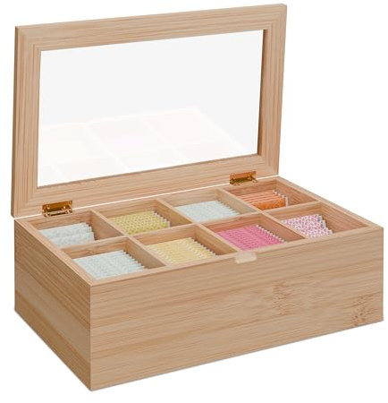 Relaxdays Teebox, 8 Fächer, Teebeutel Aufbewahrung, Bambus, Teekiste mit Sichtfenster, HBT: 10,5 x 32 x 20 cm, natur