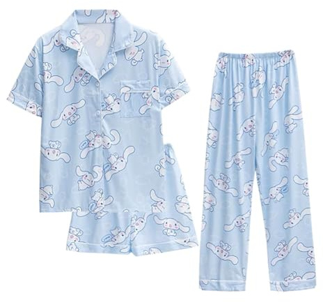 Satdflie Cinnamo-Roll Pigiama Estivo Set Pigiama con Bottoni a Maniche Cort Petite Donna Ragazza Pigiama 3 Pezzi con Maglietta e Pantaloni Corti e Pantaloni Camicia da Notte, Blu, L