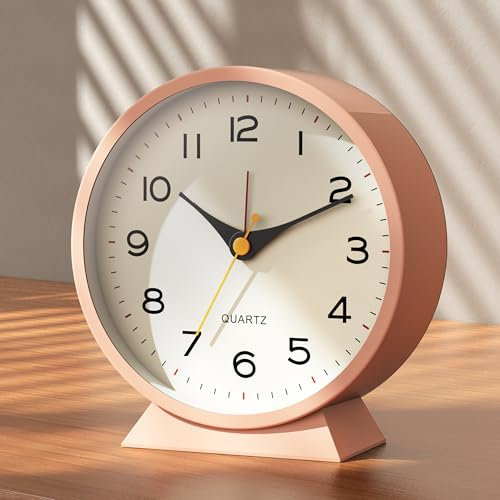 AYRELY 4.5 Analogue Alarm Clock, Small Retro Metal Desk Clock, Battery Operated, Silent and Non-Ticking, with Night Light for Bedside, Bedroom, and Living Room Decor(Light Pink)