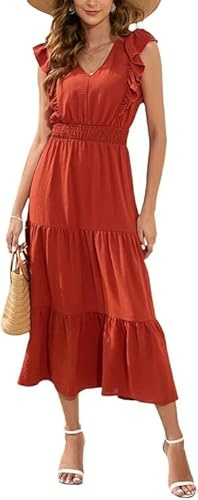 MAYFASEY Women's Summer Tiered Dress Causal Ruffle Sleeve High Waist Maxi Dress V Neck A Line Flowy Midi Beach Holiday Dresses, Orange, XL