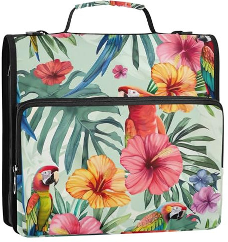 Tropical Parrot Floral Print 1.5 Inch Binders 3 Ring Heavy Duty Binder Zipper Organizer School Binders Bag with Shoulder Strap Multi Pockets Large Portfolio Folder