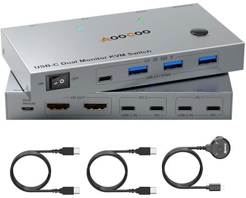 USB C KVM Switch 4K@60Hz, Dual Monitore KVM Switches für 2 Laptops mit 4 USB 3.0 Häfen, PD Stromversorgung für Laptop, Kabelfernbedienung, USB Kabel im Lieferumfang enthalten