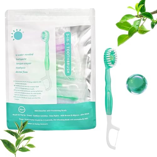 Mini cepillo de dientes 5 en 1 (pasta de dientes + hilo dental + púa + raspador lingual) Set de viaje portátil, cuidado bucal, para llevar al trabajo (Té Verde)