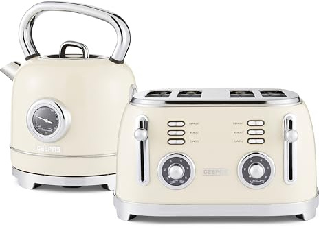 GEEPAS Retrovive 1.8L Electric Kettle & 4 Slice Bread Toaster Kitchen Combo Set | 3000W Vintage Cordless Stainless Steel Kettle Auto Shut-Off, Temperature Gauge | Defrost/Reheat/Cancel 1500W | Cream