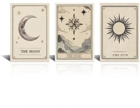 CXHOSTENT Celestial Canvas Wall Art 3 Pieces Sun Moon and Stars Painting Prints Mystical Themed Pictures Wall Decor for Vintage Home Office Decor Framed (11x14inchx3 Pieces)