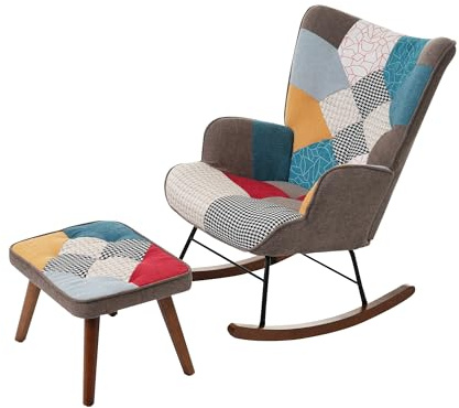 Nursing Rocking Chair with Footstool, Patchwork Fabric Armchair with High Backrest Lounge Chair for Adults Living Room Bedroom
