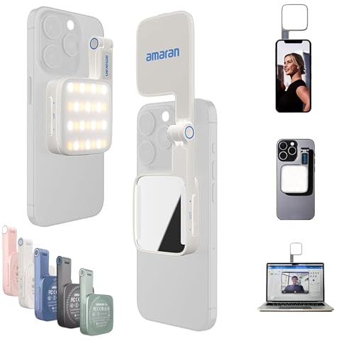 Amaran Go - Luce magnetica per telefono per selfie, doppia sorgente luminosa LED con specchio regolabile CCT 2700K-6500K, ricaricabile per selfie, trucco, videoconferenze, TikTok, per iPhone e Android