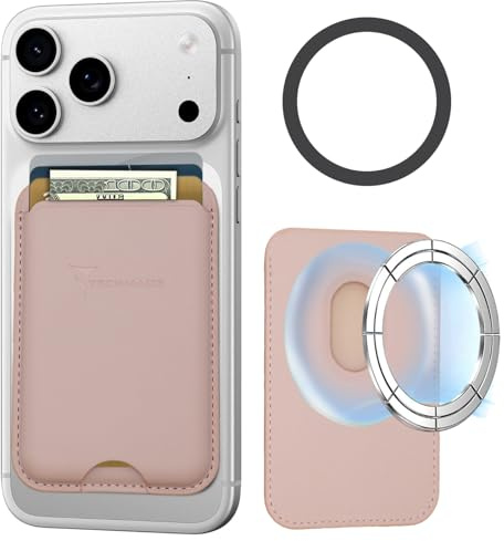 TECHMADE Korthållare kompatibel för iPhone, adapterring ingår - plats för 3 kort eller kontanter, snabbt utdragningssystem - RFID-blockering, veganskt konstläder, Rosenröd, Taglia Unica, Avslappnad