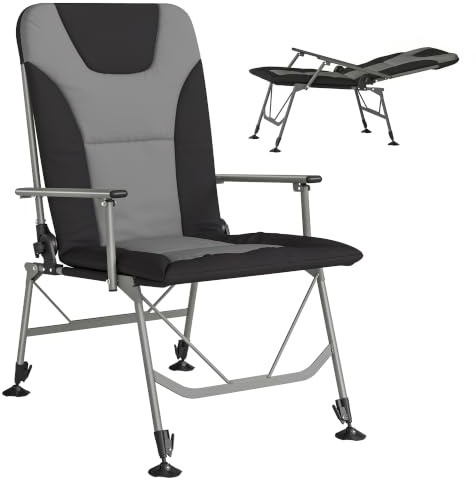 Outsunny Padded Camping Chair for Adults Reclining Camping Chair, Black | Portable, Folding, Wide Armrests, Adjustable Outdoor Camp Seat, Fishing, Garden Use, Carp Coarse Anglers
