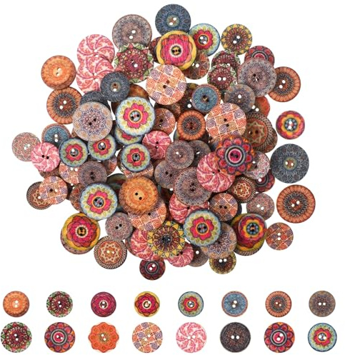 150 PCS Vintage Wood Buttons, Mixed Patterns Natural Wood Buttons with 2 Holes in 2 Sizes, Assorted Round Wooden Button for DIY Sewing Crafts Scrapbooking and Clothing Accessories (15mm & 20mm)