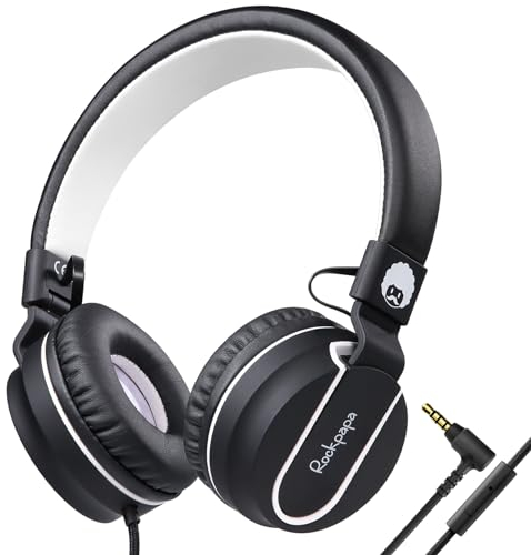 RockPapa Auriculares On-Ear, Auriculares con Cable y Microfono, Ligeros, Cómodos y Plegables Audifonos para Niños Estudiantes Adolescentes, para PC/Mac/portátil/teléfono/DVD-Negro Blanco