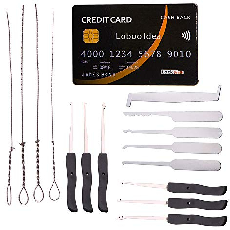 Loboo Idea Herramientas de selección de cerradura de cerrajería de 15 piezas Incluye juego de selección de cerradura de tarjeta de crédito de 5 piezas y kit de extractor de llave rota de 10 piezas