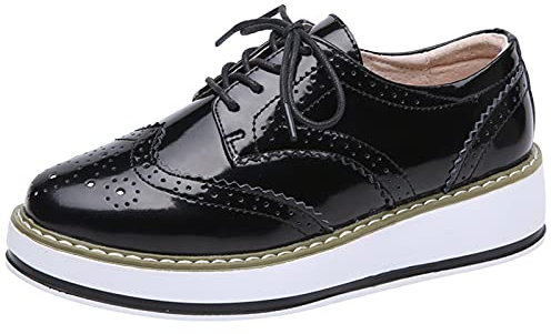 ANUFER Damen Schnüren Brogues Turnschuhe Beiläufig Plattform Creeper Schwarz Patent SN02887 EU38.5