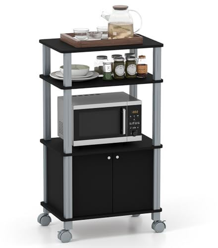 COSTWAY Scaffale da Cucina per Microonde Carrello, con Ruote e 2 Ante, Multifunzionale e Movimento Flessibile, 60x40x98 cm MDF, plastica (Nero)