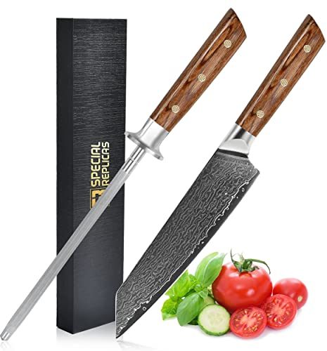 Damast Küchenmesser Scharf (20 cm) mit Diamant Messerschärfer - Damastmesser - Kochmesser Profi Messer - 67 Lagen Damaststahl - Japanisches Messer, Schneidemesser mit Geschenkbox - Chef Knife
