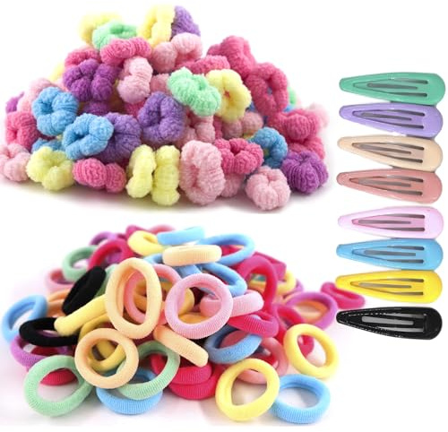 Toddler Hair Accessories, 200-210pcs No Damage Soft Baby Hair Ties with Clips, Age 0-8, Mini Size Hair Bands for Infant, Girls Tiny Hair Elastics, Candy Color, Cotton, Ponytail Holders