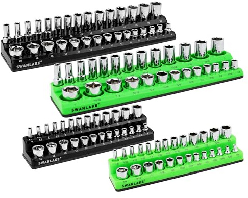 SWANLAKE 4-Piece Magnetic Socket Organizer Set, Metric & SAE Socket Holder Set Includes 1/4, 3/8 Drive Sockets Trays, Magnetic Sockets Organizer for Tool Box Drawer