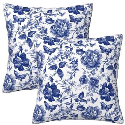 Tebjh Blå och vit porslin blommiga kuddöverdrag 45 x 45 cm vintage chinoiserie soffkudde fodral set med 2 moderna dekorativa fyrkantiga prydnadskuddar för vardagsrumskudde utomhus, Tebjh-1