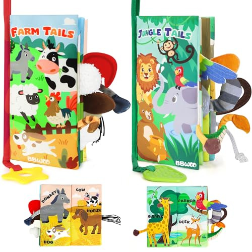 BBWOO Livre bébé 0-12 Mois, Livre bébé en Tissu Montessori aux Animaux 3D avec Anneau Dentition, Jouet bébé et Jeux pour l’éveil sensoriel et Le Tummy Time, Lavable, Un Cadeau bébé idéal, 2PCS