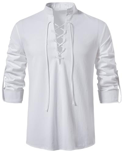 PADOLA Herren Leinenhemd Vintage Mittelalter Hemd mit Schnürung Wikinger Hemd Langarm Steampunk Piratenkostüm Karneval Halloween Kostüm Freizeithemden für Herren Henley Shirt (Weiß, S)
