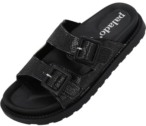 Palado Plateau-Pantoletten Damen Irisa – bequeme Sandalen - Hausschuhe mit Plateau-Sohle - modische Sommerschuhe Schwarz strass UK6 - EU39