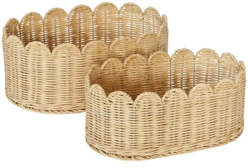BEBE BASK Premium Scalloped Basket Set Of 2 - Scallop Basket - 16 x 10 x 7 Inch - Hand-Woven Elegant Wicker With Scalloped Edge - Nursery Storage (Natural)