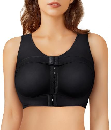 Junlan Post Surgery Sports Bra Front Closure Compression Bra for Women Mastectomy with Removable Breast Support Band (Black,L)