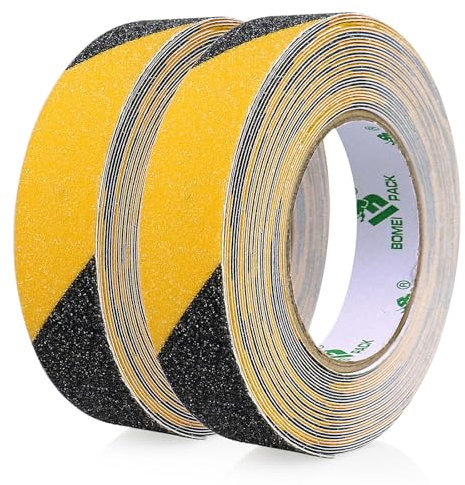BOMEI PACK Strisce antiscivolo, 2 rotoli da 25 mm x 10 m, nero-giallo, nastro adesivo antiscivolo, per gradini antiscivolo in interni ed esterni,nastro giallo nero antiscivolo