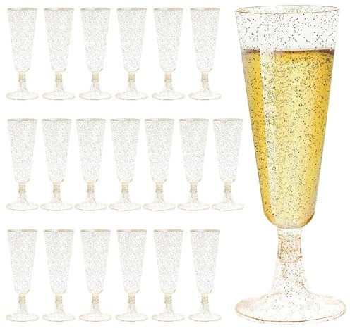 Polartreehome Juego de 20 copas de champán de plástico, oro, 150 ml, copas de champán, vino, copas de champán con brillo dorado, elegantes flautas de champán de plástico para bodas, fiestas, cócteles