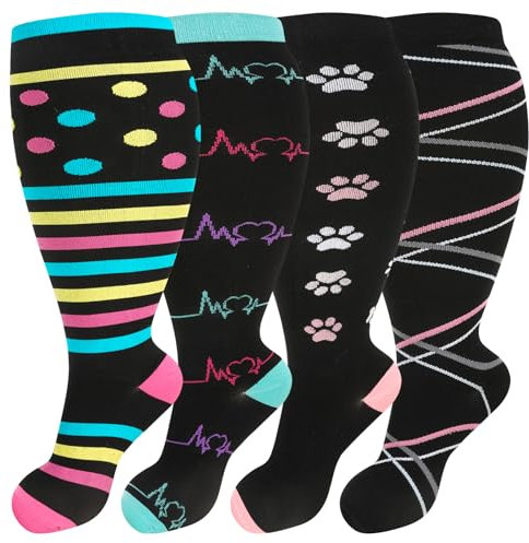 Utensilsto 4 Paar Kompressionssocken Damen und Herren, Kompressionsstrümpfe Dicke Waden Thrombosestrümpfe Übergröße Stützstrümpfe für Fitness Reise Arbeit