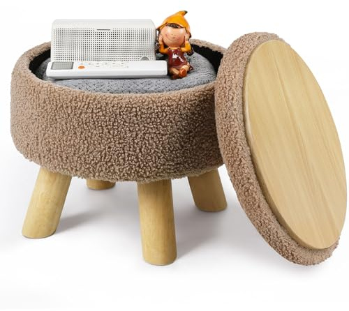 Nandae Petit Repose-Pieds avec Rangement, Pouf Salon Multifonction - Tablette Réversible en Teddy Velours et Bois, 32x28 cm
