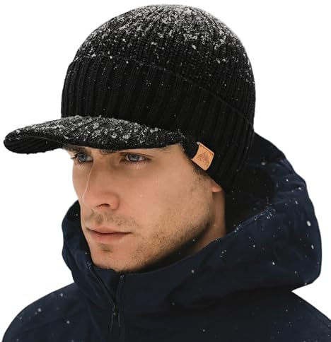 TOP-EX Dryknit Beanie Merino Mütze Herren Damen – wasserdichte Wintermütze mit Schirm, Fleecefutter, Winddicht & warm, perfekt für Outdoor, Arbeit, Skifahren, Pendeln – Schwarz XL/XXL